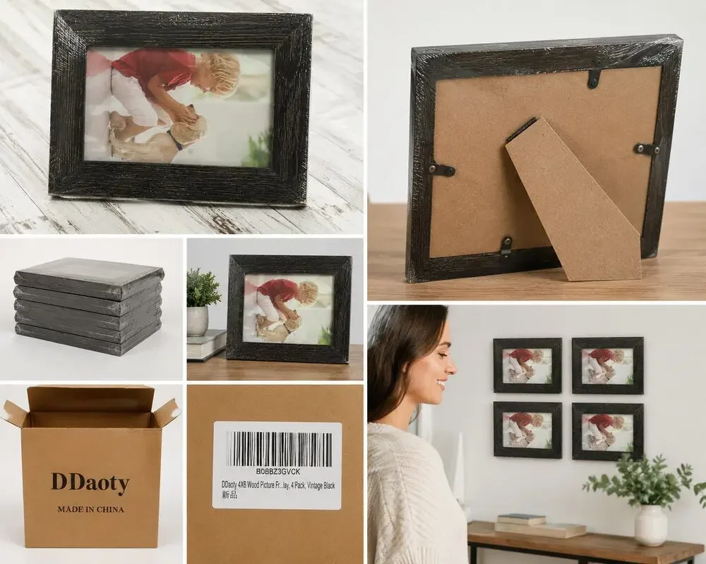 Set of 4 Vintage Black 4x6 Wood Picture Frames